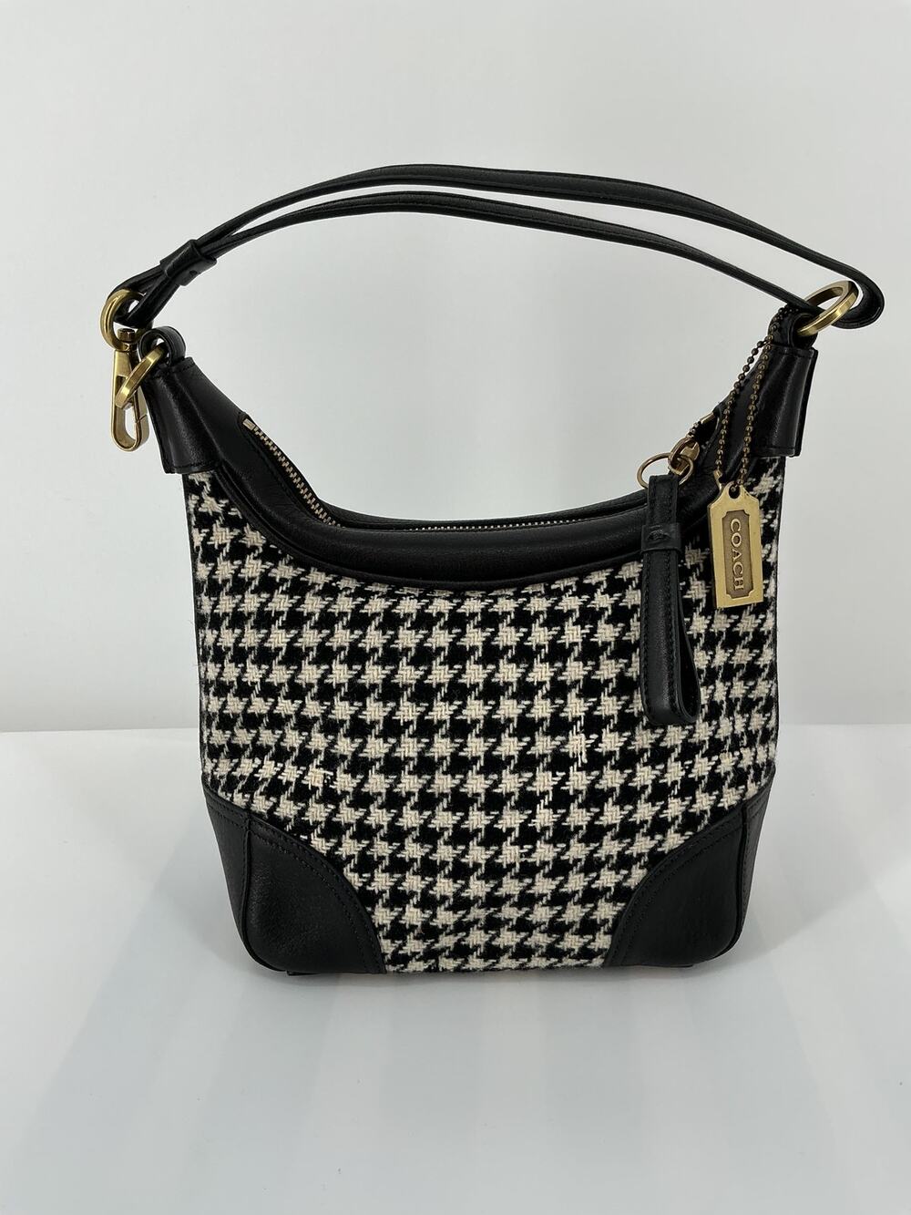 Coach 6956 Vintage Houndstooth Wool Leather Shoulder Bag Black White Y2K